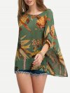 Feather Print Batwing Sleeve Chiffon Top