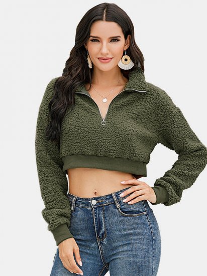 Solid Color Zipper Turn Down Collar Long Sleeves Casual Tops - Click Image to Close