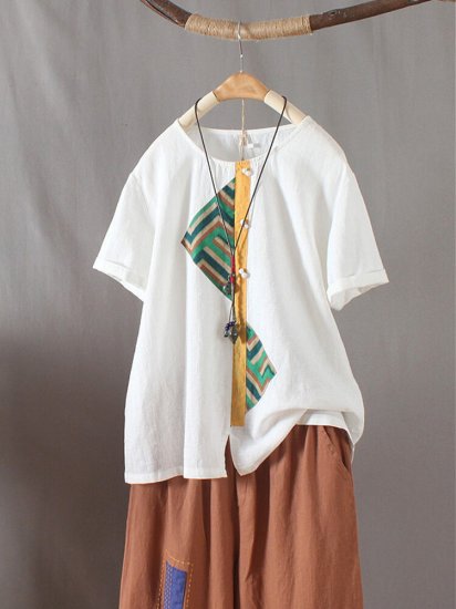 Vintage Geometric Embroidery O-Neck Short Sleeve T-shirt - Click Image to Close