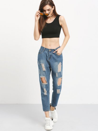 Distressed Boyfriend Ankle Jeans - Click Image to Close