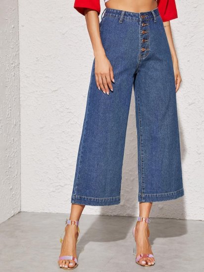 Button Fly Crop Wide Leg Jeans - Click Image to Close