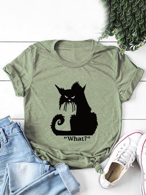 Cartoon Cat Printed Short Sleeve O-neck T-shirt For Women