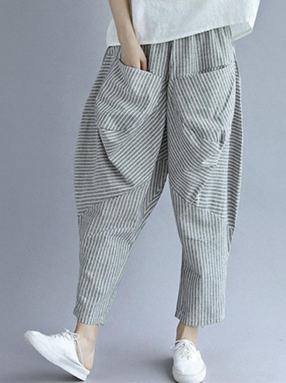 Elastic Waist Loose Stripe Casual Harem Pants With Pockets - Click Image to Close