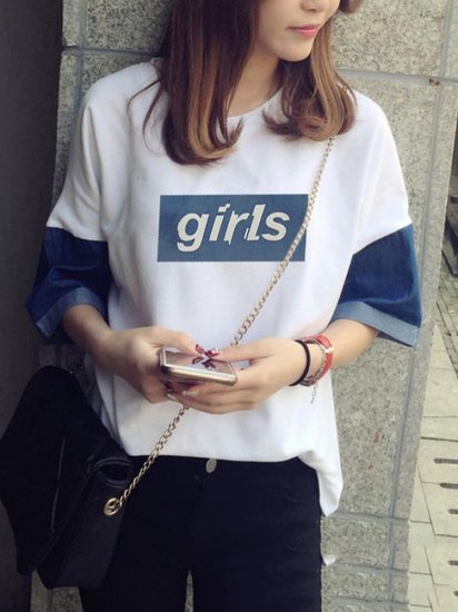 Denim Patchwork Printed Letters Short Sleeve Casual T-Shirts - Click Image to Close