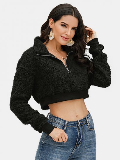 Solid Color Zipper Turn Down Collar Long Sleeves Casual Tops - Click Image to Close