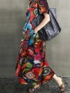 Vintage Printed V-neck Pockets Short Sleeve Casual Dress