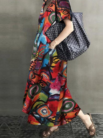 Vintage Printed V-neck Pockets Short Sleeve Casual Dress - Click Image to Close