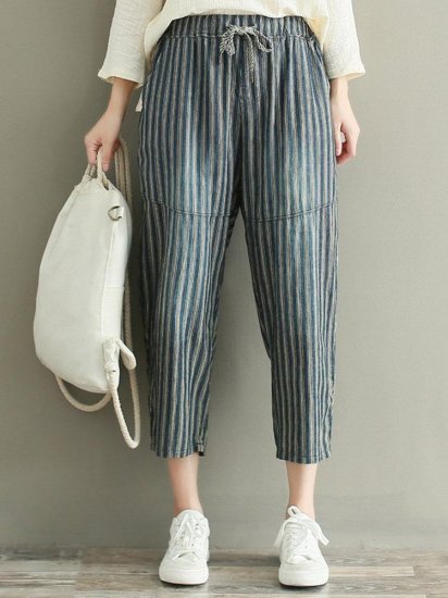 Casual Stripe Drawstring Waist Loose Women Pants - Click Image to Close