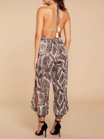 Snake Print Button Hollow V-neck Casual Long Jumpsuit for Women - Click Image to Close