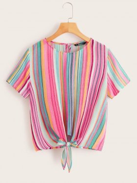 Colorful Striped Knotted Front Top