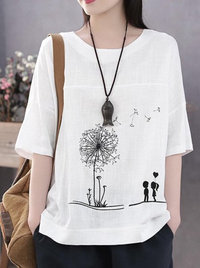 Summer Print Flower Casual Short Sleeve Cotton T-Shirt - Click Image to Close