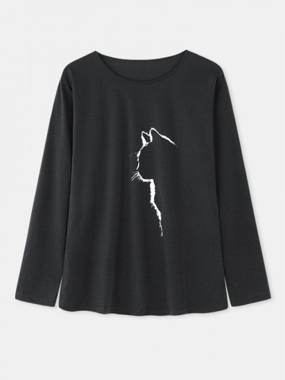 Cat Print Long Sleeves O-neck Casual T-shirt For Women - Click Image to Close