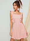 Square Neck Ruffle Trim Tie Back Swing Dress