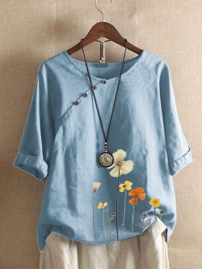 Floral Printed Button O-neck Half Sleeve T-shirt - Click Image to Close