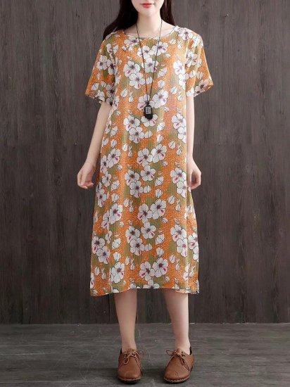 Side Splited Stripe Floral Print Short Sleeve Vintage Dresses - Click Image to Close