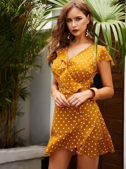 Polka Dot Ruffle Trim Wrap Dress - Click Image to Close