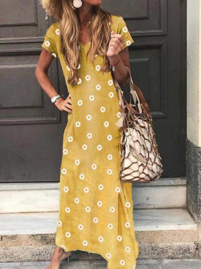 Floral Printed Short Sleeve V-neck Maxi Dress - Click Image to Close