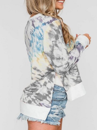 Tie-dye O-neck Side Slit Casual Long Sleeve T-Shirt - Click Image to Close