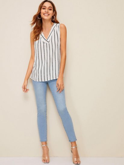 V-neck Striped Sleeveless Blouse - Click Image to Close