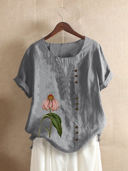 Floral Printed Short Sleeve O-Neck T-shirt For Women - Click Image to Close