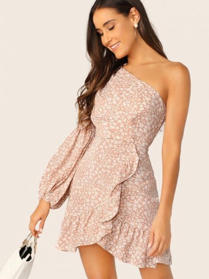 Ditsy Floral One Shoulder Lantern Sleeve Ruffle Dress - Click Image to Close