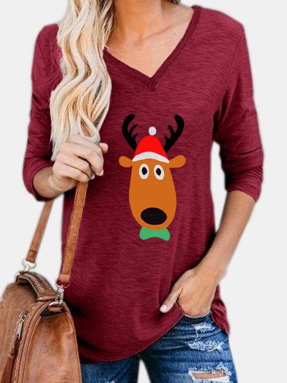 Christmas Cartoon Deer Print V-neck Long Sleeve Women T-Shirt - Click Image to Close