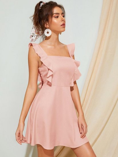 Square Neck Ruffle Trim Tie Back Swing Dress - Click Image to Close