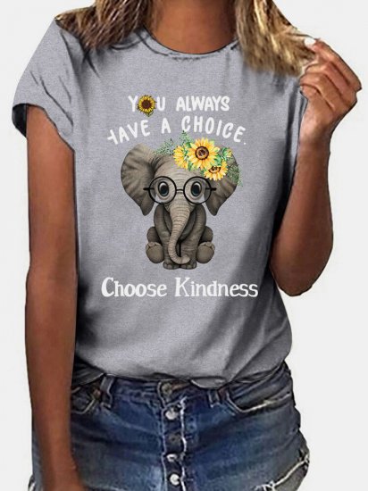 Cartoon Elephant Letter Print Short Sleeve T-shirt For Women - Click Image to Close