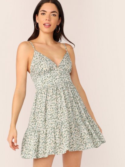 Ditsy Floral Empire Waist Ruffle Hem Ruched Slip Dress - Click Image to Close