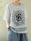 Flower Embroidery Half Sleeve Loose T-shirt For Women