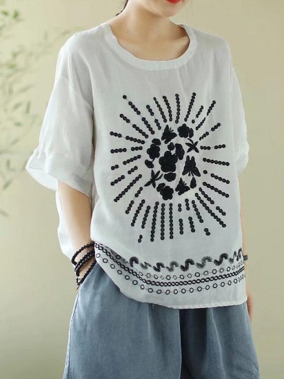 Flower Embroidery Half Sleeve Loose T-shirt For Women - Click Image to Close