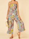 Striped Floral Print Off-shoulder Pocket Casual Jumpsuit for Women