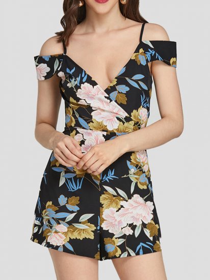 Floral Print V-neck Off-shoulder Short Sleeveless Casual Romper for Women - Click Image to Close