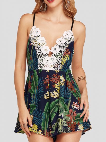 Leaves Print Floral Lace V-neck Sleeveless Sexy Casual Strap Romper for Women - Click Image to Close