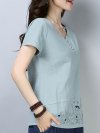 Leaves Embroidered Short Sleeve V-neck T-shirt For Women