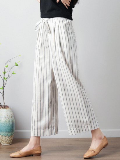 Stripe Wide Leg Drawstring Waist Casual Pants - Click Image to Close