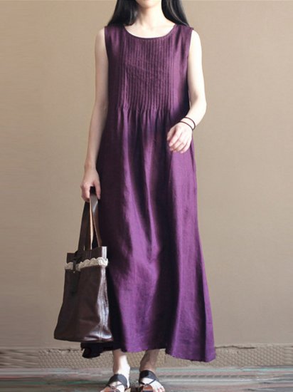 Vintage Pleated Sleeveless Pure Color O-neck Dresses - Click Image to Close