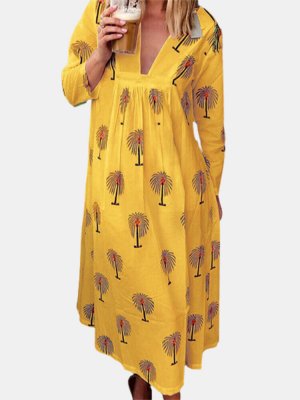 Trees Print Long Sleeve V-neck Maxi Dress For Women