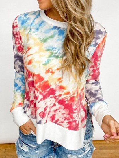 Tie-dye O-neck Side Slit Casual Long Sleeve T-Shirt - Click Image to Close