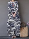 Tree Print Side Pockets O-neck 3/4 Sleeve Cotton Dress