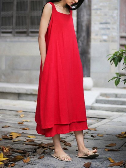 Sleeveless Pure Color Drawstring Layered Vintage Dresses - Click Image to Close