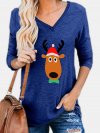 Christmas Cartoon Deer Print V-neck Long Sleeve Women T-Shirt