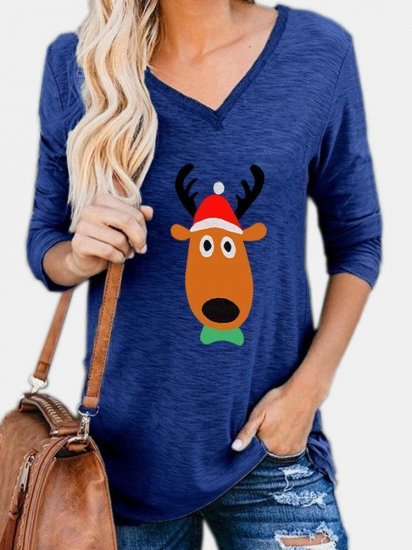 Christmas Cartoon Deer Print V-neck Long Sleeve Women T-Shirt - Click Image to Close