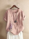 Floral Embroidery Short Sleeve O-neck T-shirt For Women