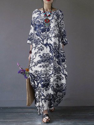 Tree Print Side Pockets O-neck 3/4 Sleeve Cotton Dress