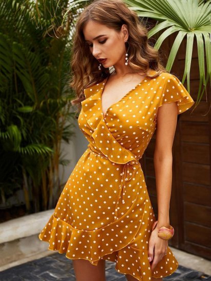 Polka Dot Ruffle Trim Wrap Dress - Click Image to Close