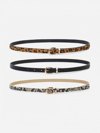 Mix Pattern Metal Buckle Skinny Belt 3pack - Click Image to Close