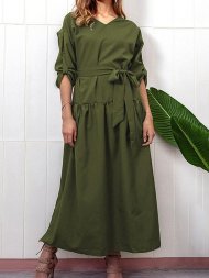 Vintage Solid Color V Neck Long Sleeve Dress