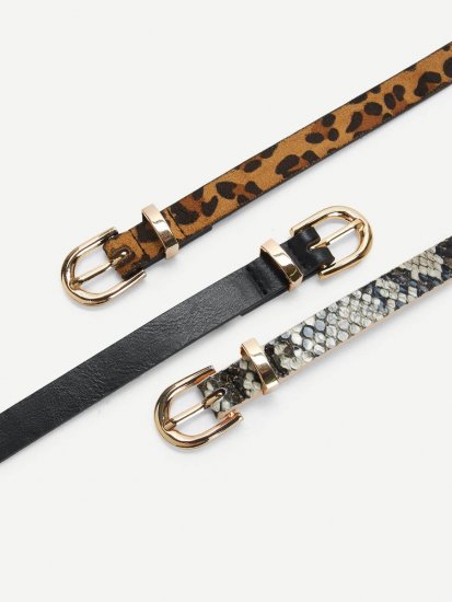 Mix Pattern Metal Buckle Skinny Belt 3pack - Click Image to Close