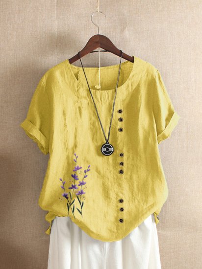 Floral Embroidery Short Sleeve O-neck T-shirt For Women - Click Image to Close